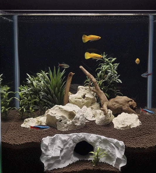 Rocky Aquarium Cave Hide  Single Entry Fish & Shrimp Shelter, Natural Stone-Look - Tank Accessory - Aquascape Decor